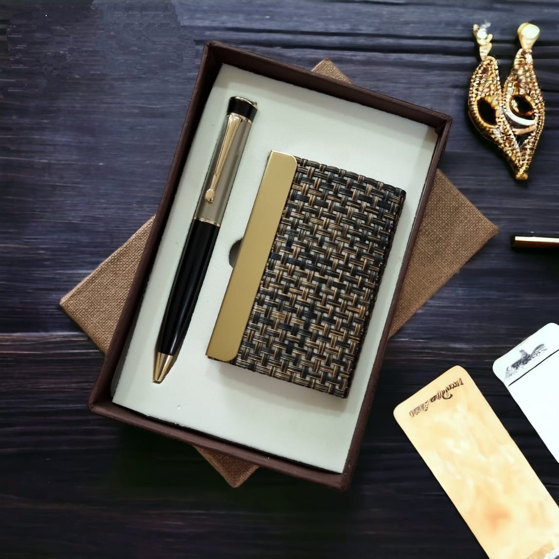2 in 1 Tan Gold Pen and  Cardholder Combo Gift Set